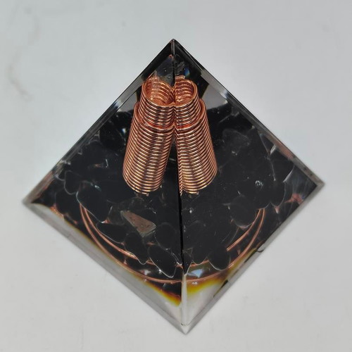 Orgonite pyramid with black obsidian and copper like new