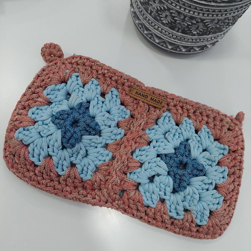 Handmade Crochet Floral Boho Pouch New, turquoise