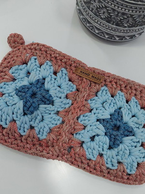 Handmade Crochet Floral Boho Pouch New, turquoise