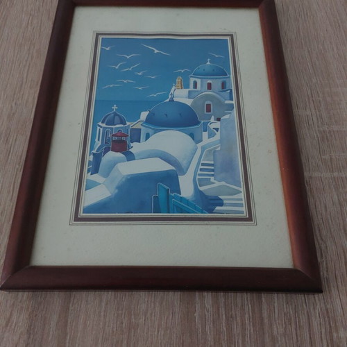Decorative frame with glass used, Greek island depiction