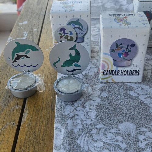 Set of 2 metal tealight holders with dolphin stained glass design