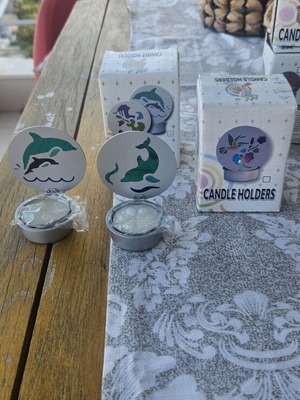 Set of 2 metal tealight holders with dolphin stained glass design