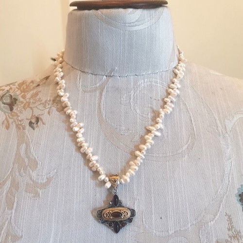Vintage Byzantine Necklace with Pearls and Silver-Gold Pendant