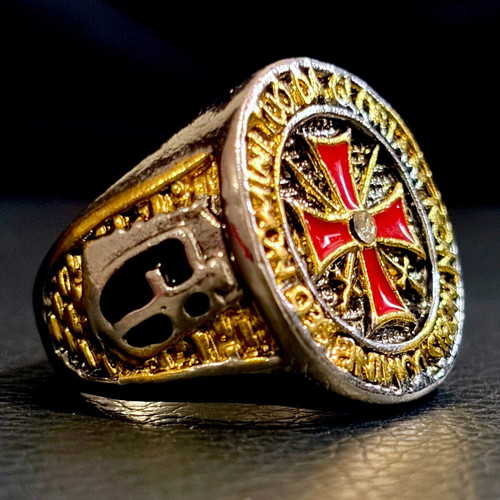 Maltese Cross Templar ring stainless steel with red enamel, US 11