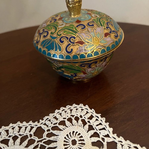 Vintage Chinese Cloisonné Bowl with Lid, enamel and brass