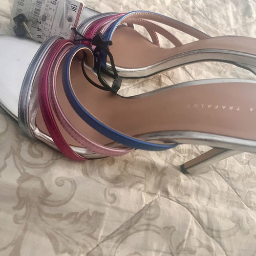 Zara Trafaluc high-heeled sandals new, multicolor straps, silver texture