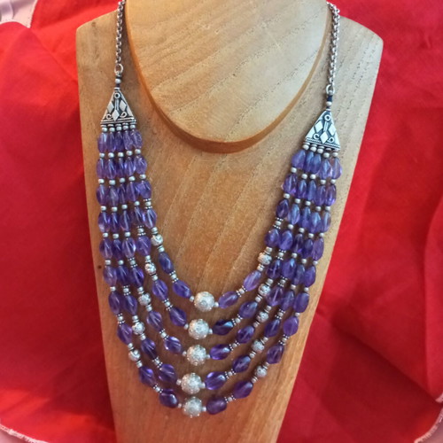 925 Silver Necklace with Amethyst, Ethnic Style
