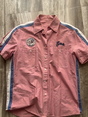 Gas men's shirt medium, like new, pink with white and blue stripes