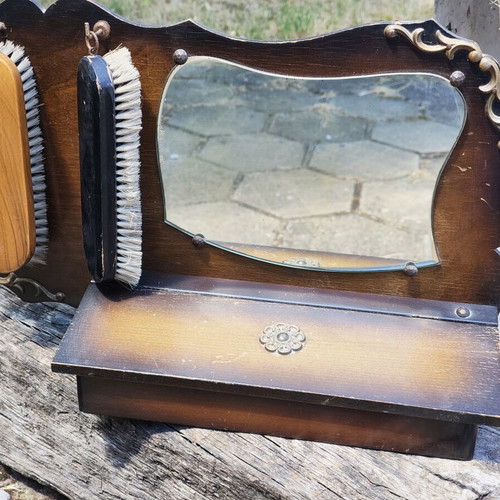 Antique wooden wall organizer for hallway used, with mirror and brushes