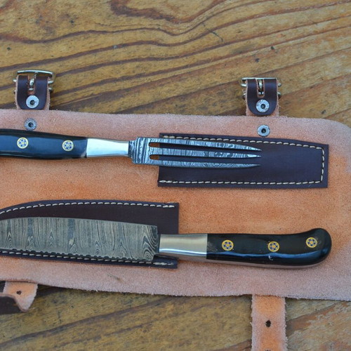 Damascus Hand Forged Knife and Fork BBQ Hunting Set from The Eagle Collection 5772