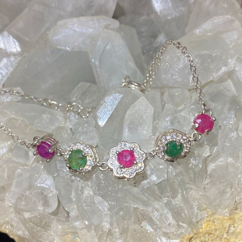 Handmade silver bracelet with natural emerald, ruby and moissanite
