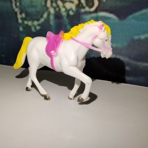 White Horse Figure with Yellow Mane and Pink Saddle used, 10cm