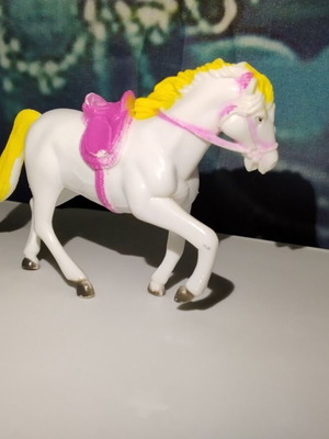 White Horse Figure with Yellow Mane and Pink Saddle used, 10cm