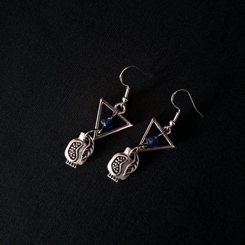Handmade earrings with blue crystal and pomegranate, new