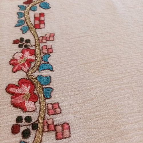 Handmade old embroidery painted and hand-stitched with lace