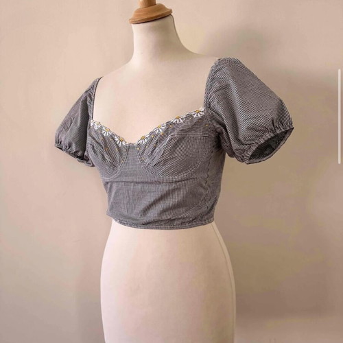 Vintage gingham bustier crop top with puff sleeves, like new