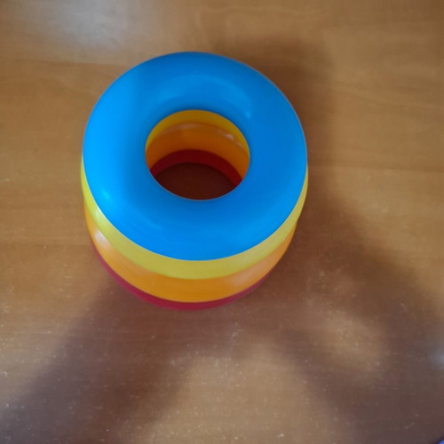Fisher-Price baby pyramid used, for 6 months and older, 4 rings missing base