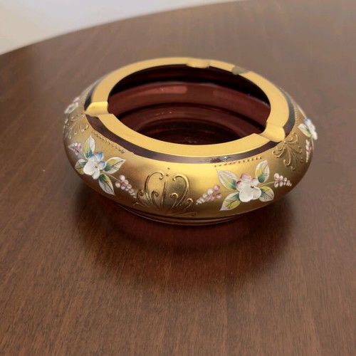 Bohemian ashtrays used, set of 2, decorated with enamel