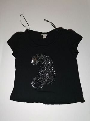 H&M blouse used, short-sleeve, size M, black with panther design