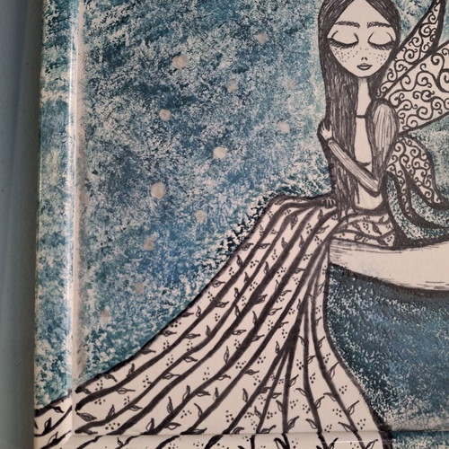 Painting with Fairy on the Moon new, hand-painted with mixed media