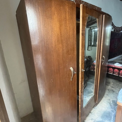Wooden wardrobe used, three-door with mirror and shelves, antique