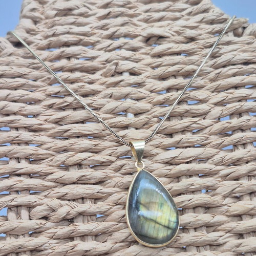 Labradorite Cabochon Brass Necklace Tear Shaped New
