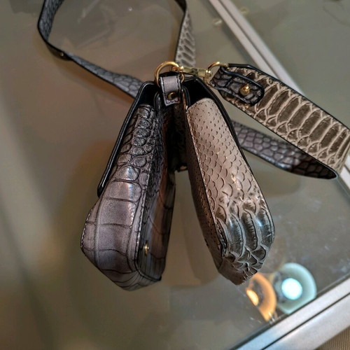 Double sided bag used, grey and silver croco-snake style