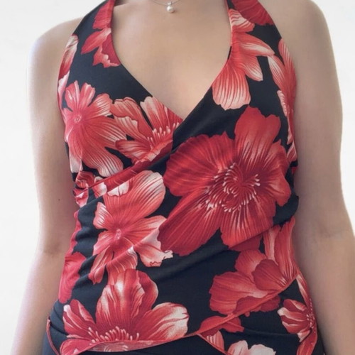 Vintage halter top with red floral print, size S-M
