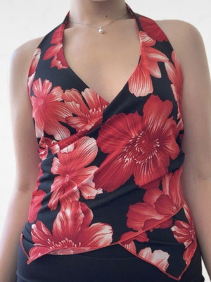 Vintage halter top with red floral print, size S-M
