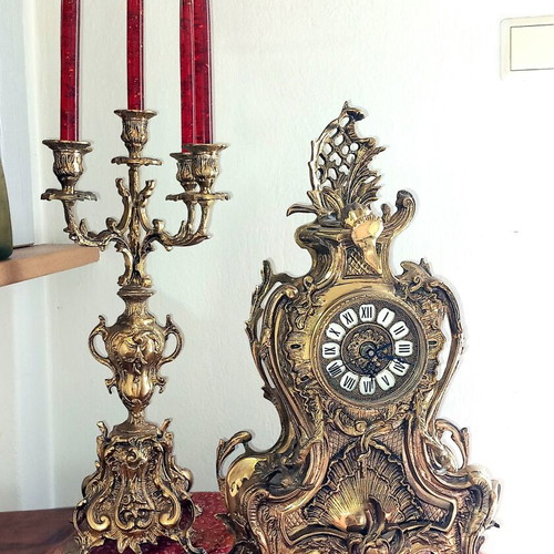 Vintage brass table clock with five-arm candlestick set like new