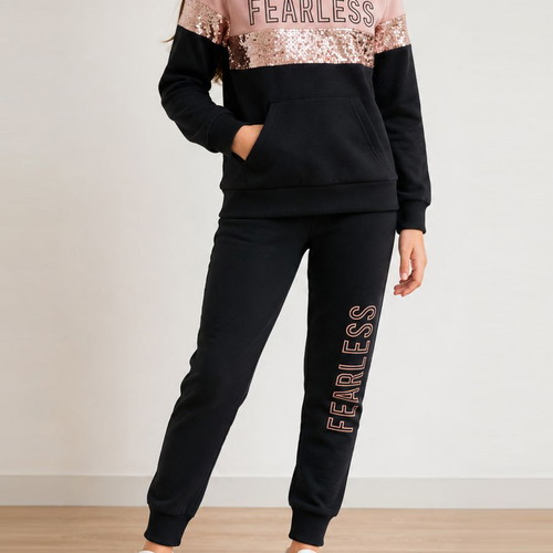 Frenzy girls' set Fearless sweatshirt and pants new, salmon black, size 16