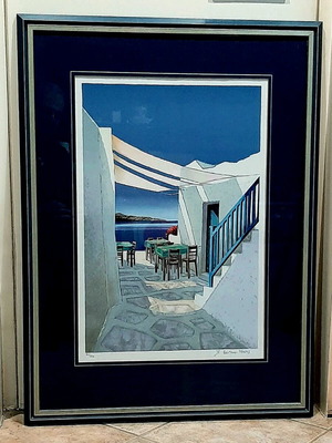 Λιθογραφία Ταβερνάκι σε ελληνικό νησί Pierre Bertaux Marais σαν καινούργιο