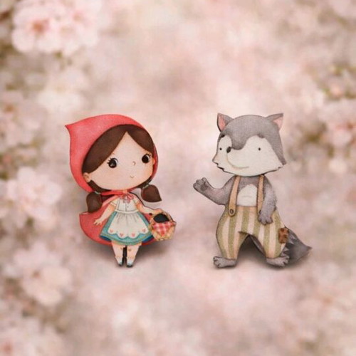 Wooden earrings Little Red Riding Hood and wolf new, multicolored