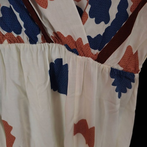 Shoko long summer dress with archaeological pattern, beige and blue