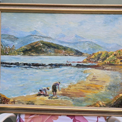 Seaside scene painting on wood, impressionist style, like new