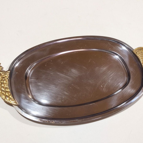 Serving platters used, stainless steel with brass engravings, set of 3