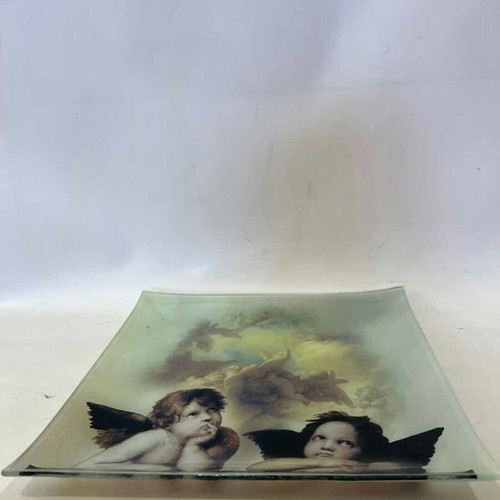 Glass platter with angel depiction 29cm used