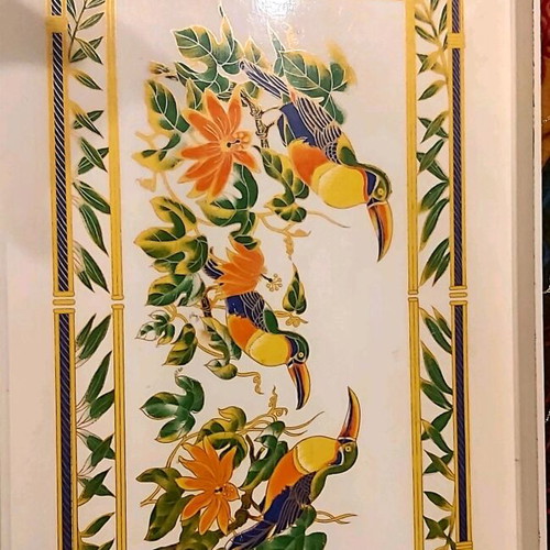 Wooden serving tray white lacquer with exotic design, like new
