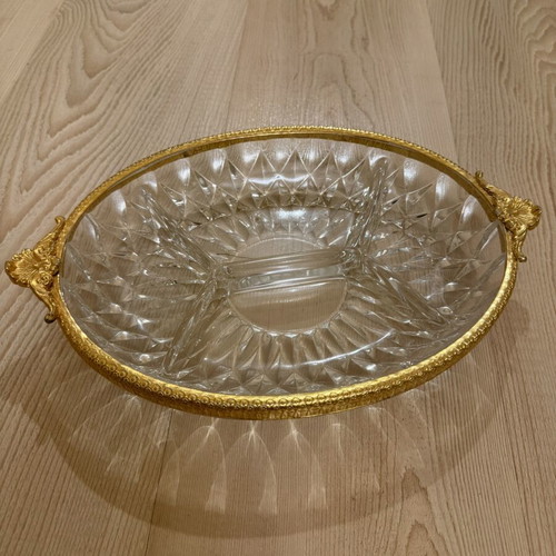 Vintage oval crystal serving platter with bronze handles