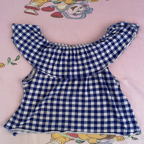 Blue and white gingham off-the-shoulder ruffle top Zara like new, cotton