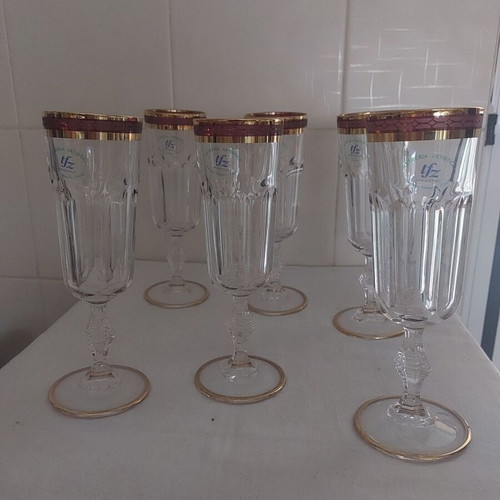 Venetian crystal champagne glasses new, set of 6 with 22-carat gold leaf