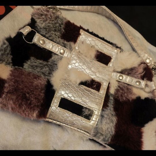 Fur handbag used, multicolor, zipper pull broken