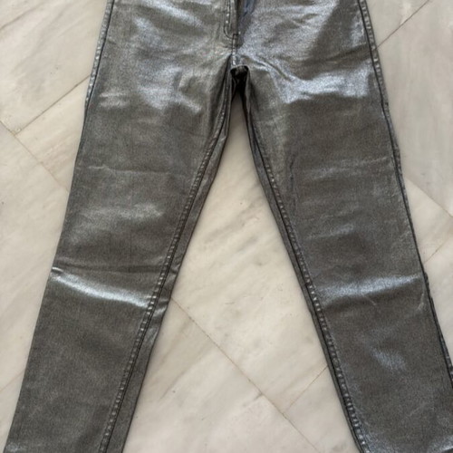 Slim jeans-style pants in silver metallic shade like new, size 42