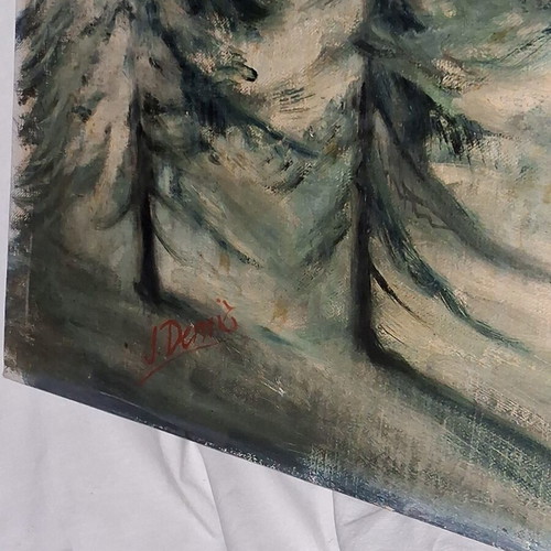 Winter painting by J. Denis used, 117x47 cm, snowy forest landscape