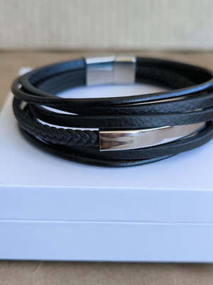 Men's bracelet stainless steel and black leather new