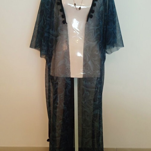 Sheer maxi kimono kaftan navy paisley pattern used, pom-pom boho chic