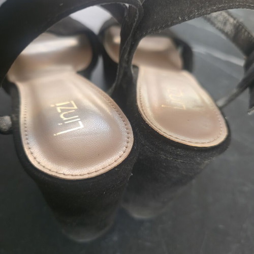 Linzi black suede sandals, size 39, 10cm heel