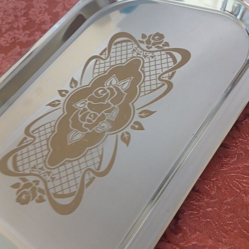 Stainless Steel Serving Trays like new, set of 2 with gold design