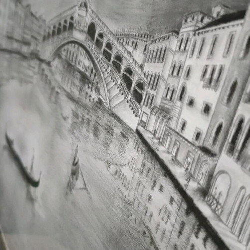 Venice picture handmade, pencil and charcoal artwork with frame new