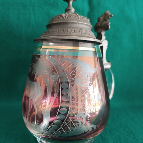 Bohemian glass beer stein with pewter lid like new